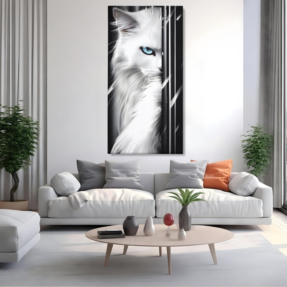 Tablou canvas cu tablou canvas cu pisica alba si ochi albastri, fara rama, pe sasiu de lemn, pe perete intr-un living